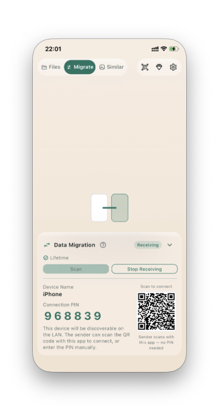 Migrate receive UI showing Device Name